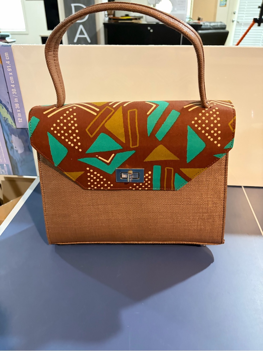Stylish Brown Canvas Top-Handle Bag with Teal & Mustard Geometric Flap